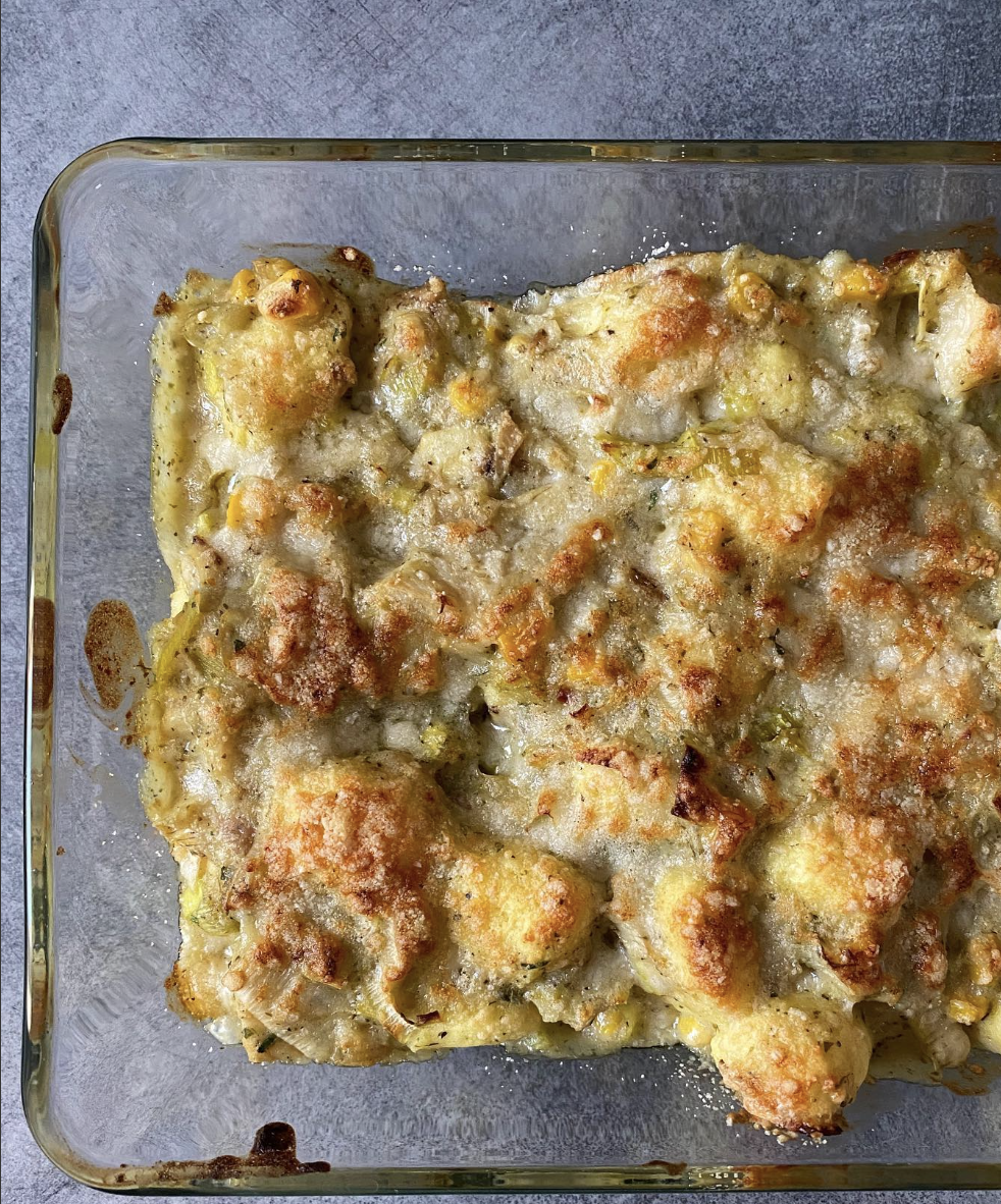 Gnocchi Corn Leek Artichoke & Pesto Bake