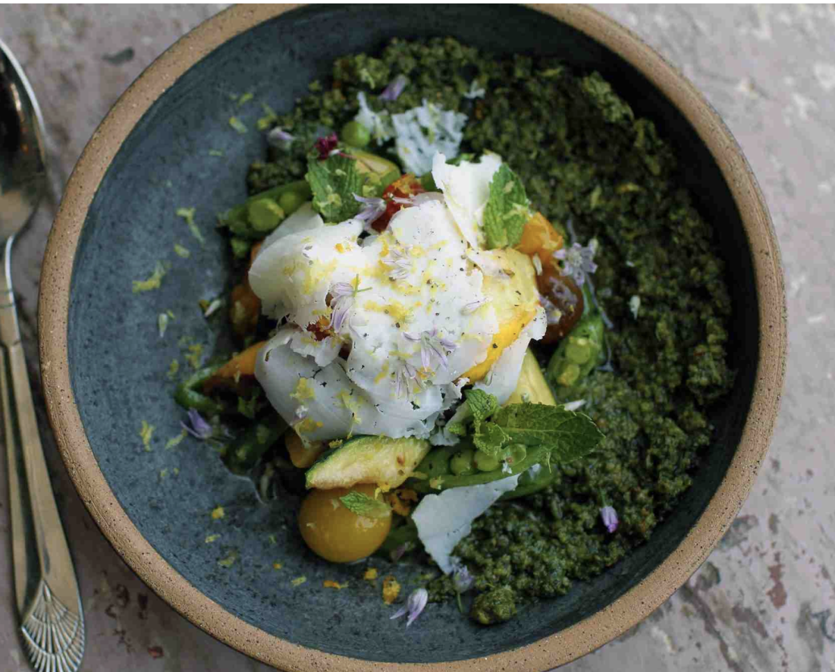 Roasted tomatoes, Peas, Squash and Pesto