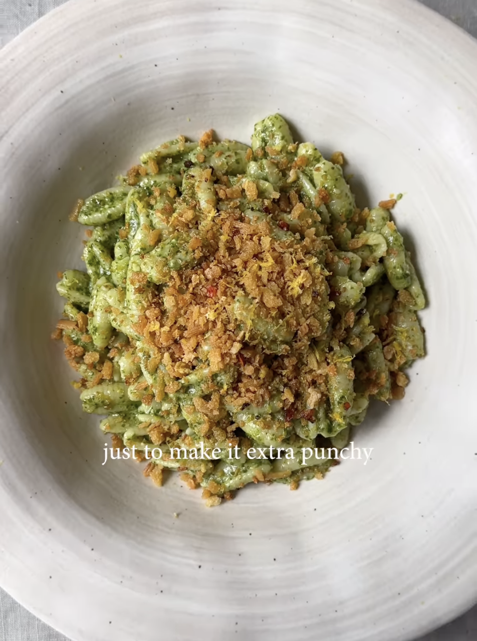 Rocket Pesto Pasta Chili Breadcrumbs